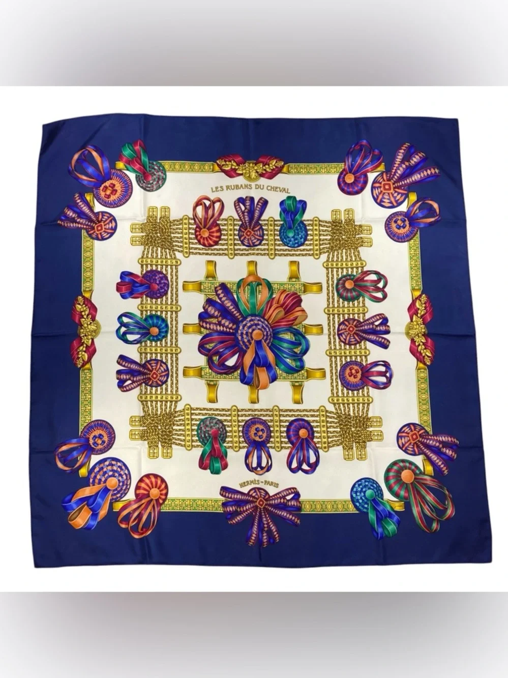 Hermes Navy Blue Multicolor 'Les Rubans du Cheval' Silk Scarf